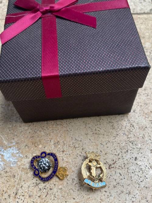 the royal british legion badge and RNA royal navy association badge pair