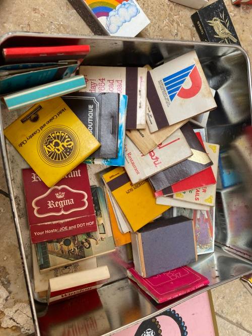 vintage lot of old matches 65 match boxes in metal tin