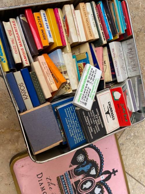 vintage lot of old matches 65 match boxes in metal tin