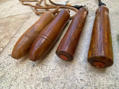 vintage pair of leather skipping rope skipping ropes wood handle