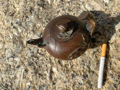 antique bronze chinese teapot tea pot on wood pedestal signed