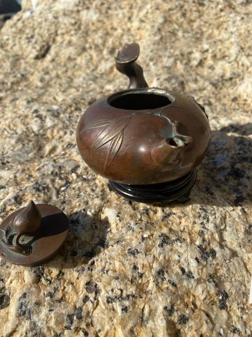 antique bronze chinese teapot tea pot on wood pedestal signed
