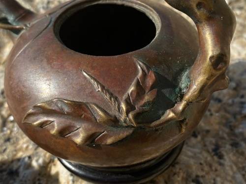 antique bronze chinese teapot tea pot on wood pedestal signed