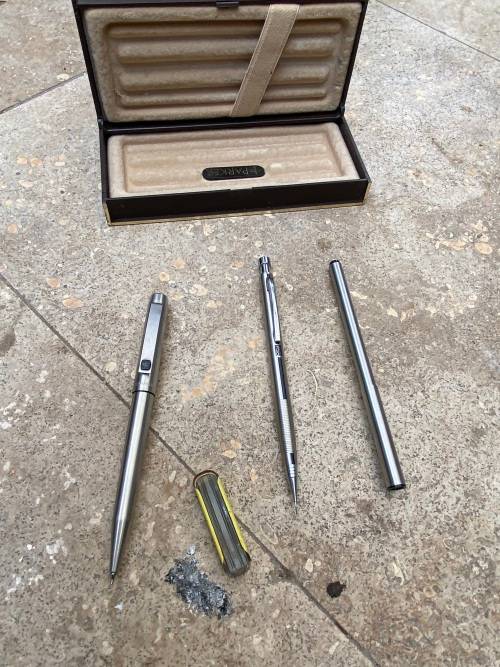 vintage Parker 10 mechanical pencil UK , zig 0.5 pencil and inoxcrom pen spain lot in parker case