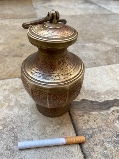 vintage brass jar with lid etched floral detail