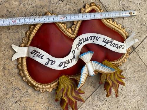 sacred heart folk art Mexico tin white dove wall hanging