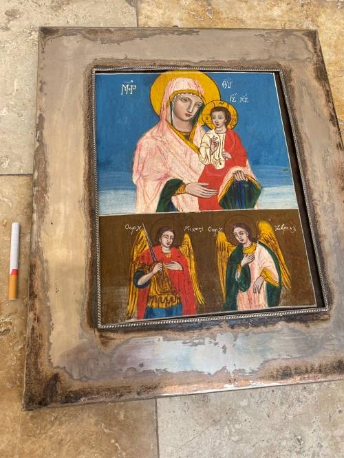 Antique hand-painted Greek orthodox icon Christ child Virgin Mary framed  religious wall hanging