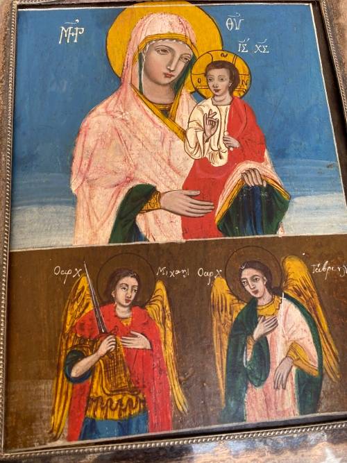 Antique hand-painted Greek orthodox icon Christ child Virgin Mary framed  religious wall hanging