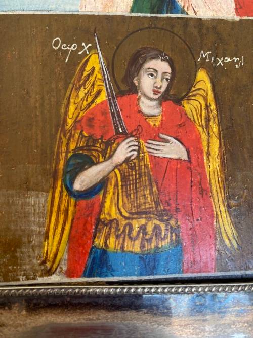 Antique hand-painted Greek orthodox icon Christ child Virgin Mary framed  religious wall hanging