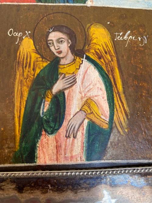 Antique hand-painted Greek orthodox icon Christ child Virgin Mary framed  religious wall hanging