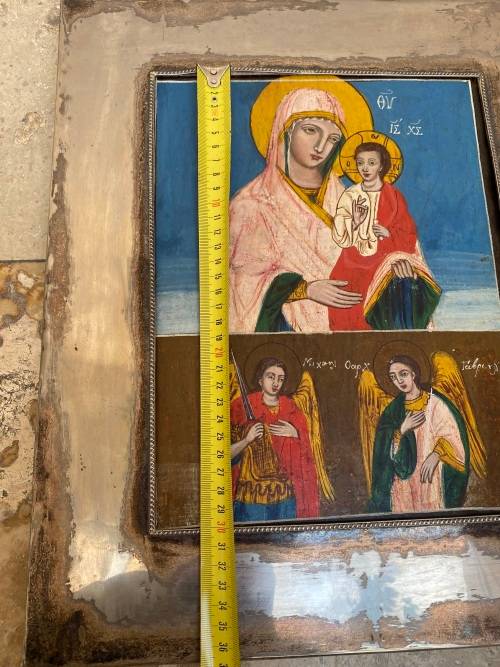Antique hand-painted Greek orthodox icon Christ child Virgin Mary framed  religious wall hanging