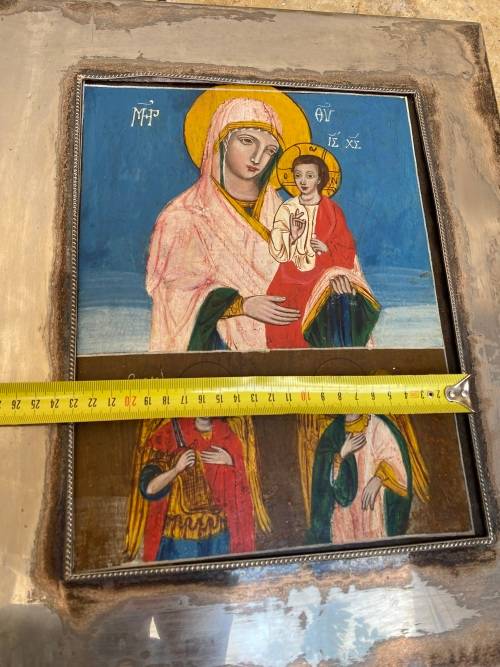 Antique hand-painted Greek orthodox icon Christ child Virgin Mary framed  religious wall hanging