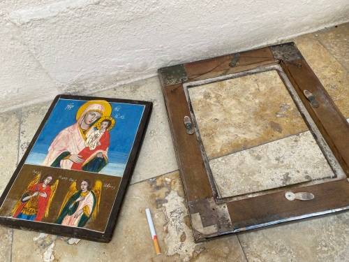 Antique hand-painted Greek orthodox icon Christ child Virgin Mary framed  religious wall hanging