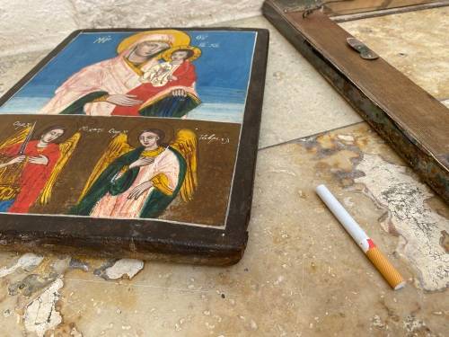 Antique hand-painted Greek orthodox icon Christ child Virgin Mary framed  religious wall hanging