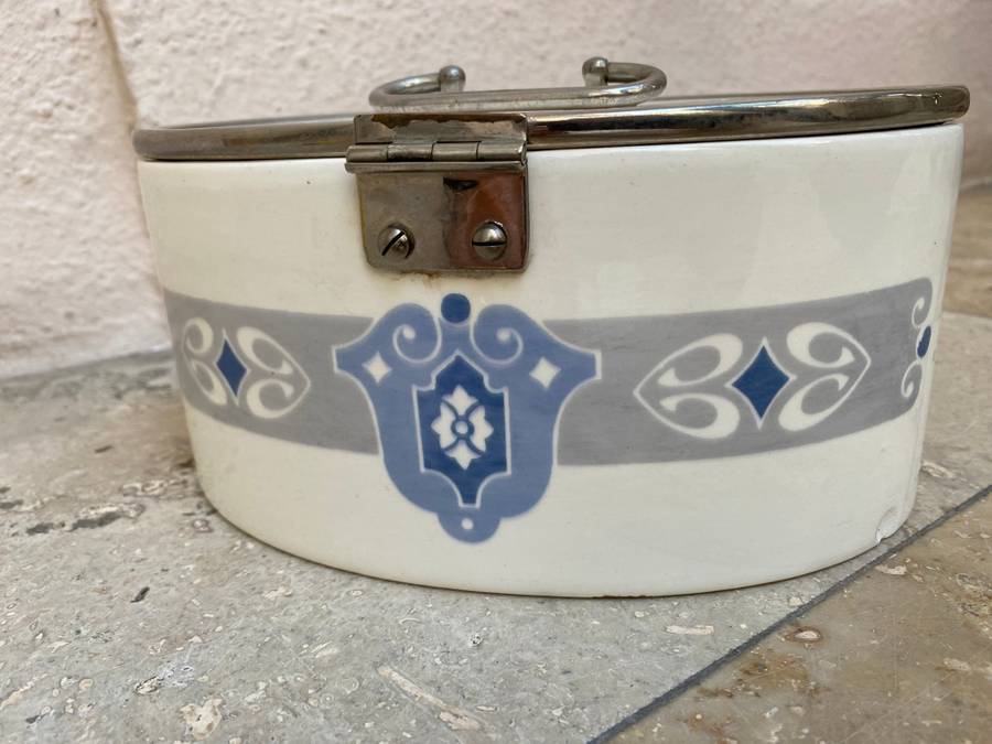 Antique art nouveau  cookie box art decor L210 ceramic blue lidded biscuit box WMF