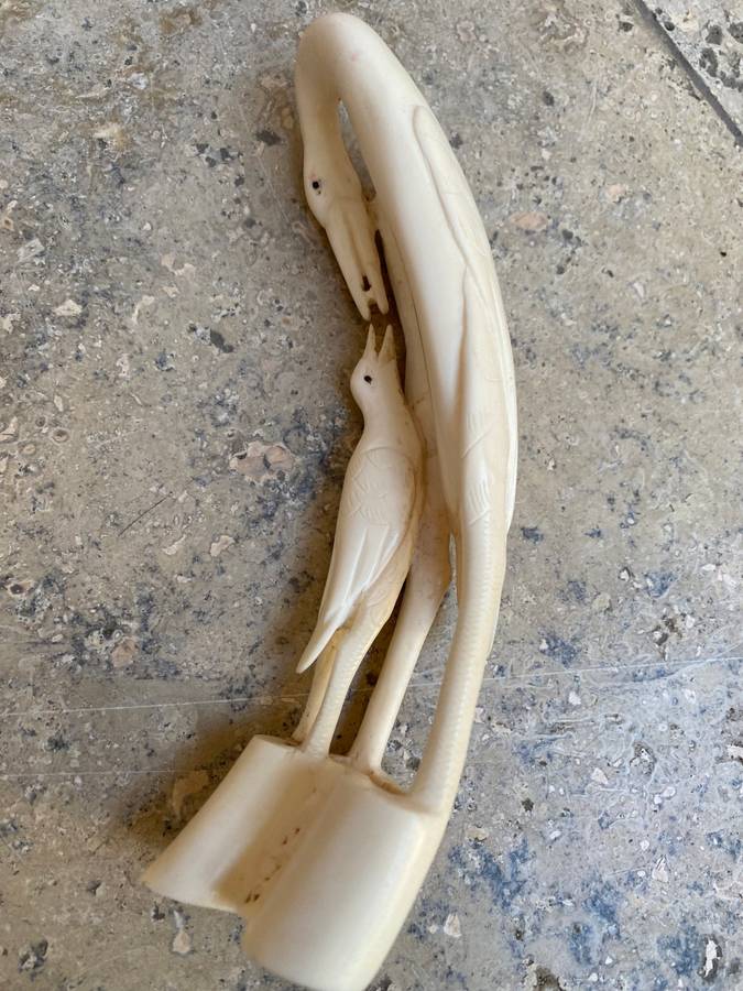 Vintage hand carved bone heron crane bird mother and baby bird feeding figurine