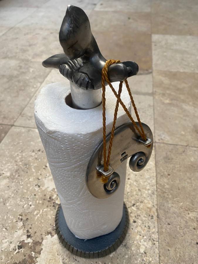 VINTAGE CARROL BOYES WOMAN KITCHEN PAPER TOWEL HOLDER with paperweight