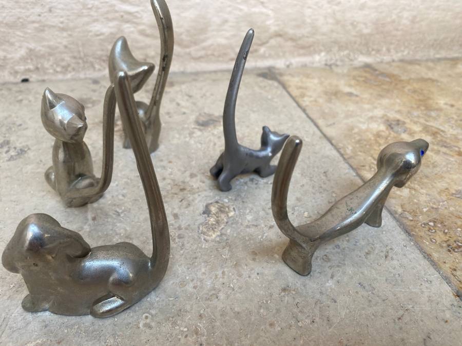 Silver pewter cat dachshund dog ornament`s with friends lot of 5 Crystal eyes