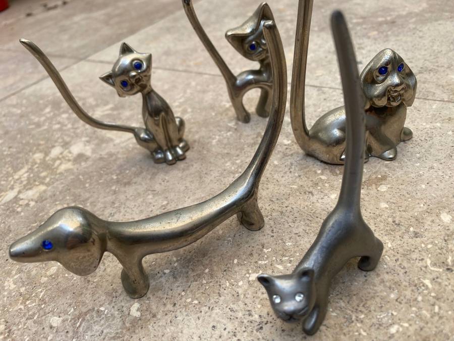 Silver pewter cat dachshund dog ornament`s with friends lot of 5 Crystal eyes