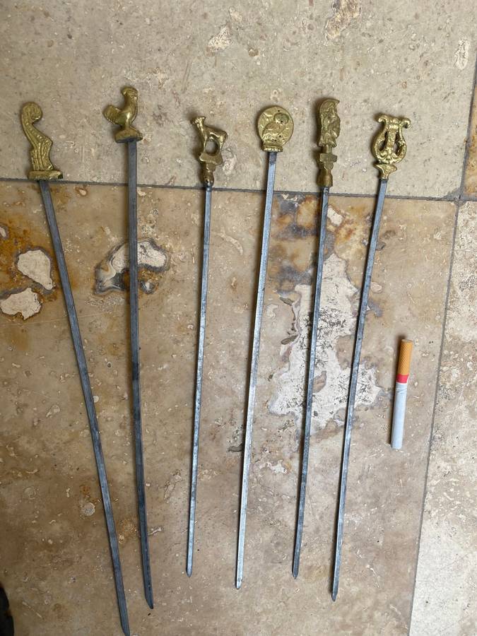 vintage stainless steel kebab skewers Roman Greek brass set of 6
