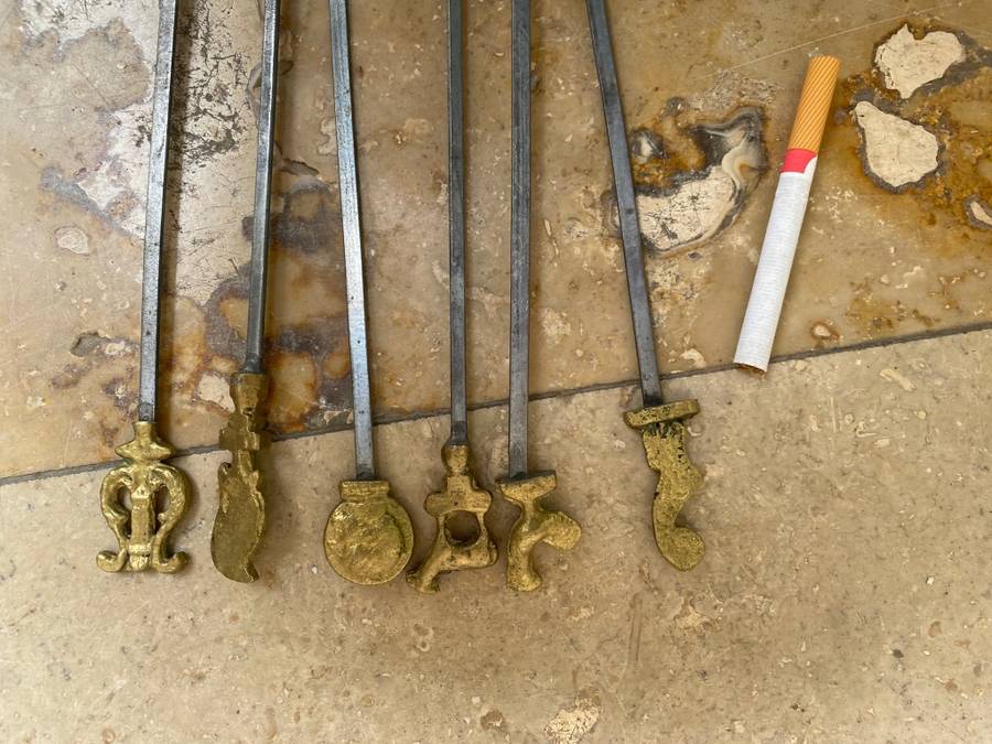 vintage stainless steel kebab skewers Roman Greek brass set of 6