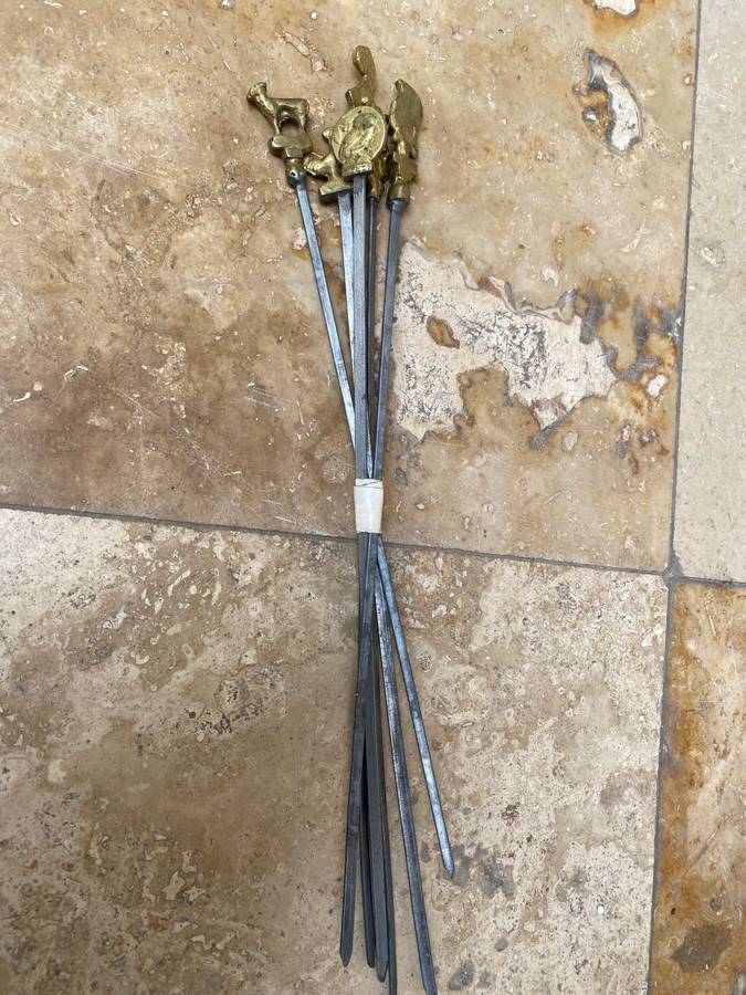 vintage stainless steel kebab skewers Roman Greek brass set of 6