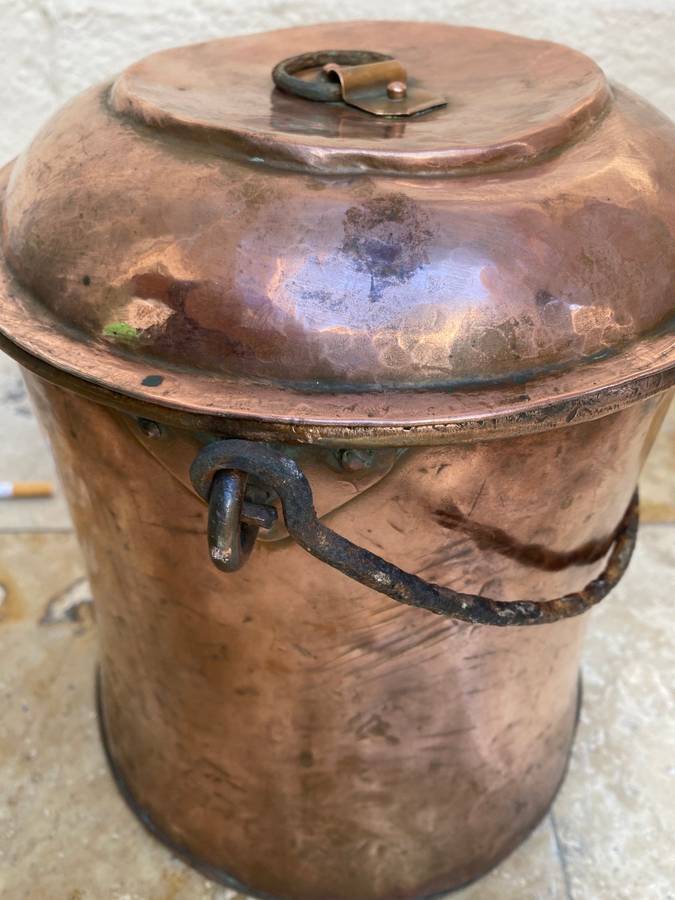 Antique large copper cauldron bail handle wrought iron pot + lid