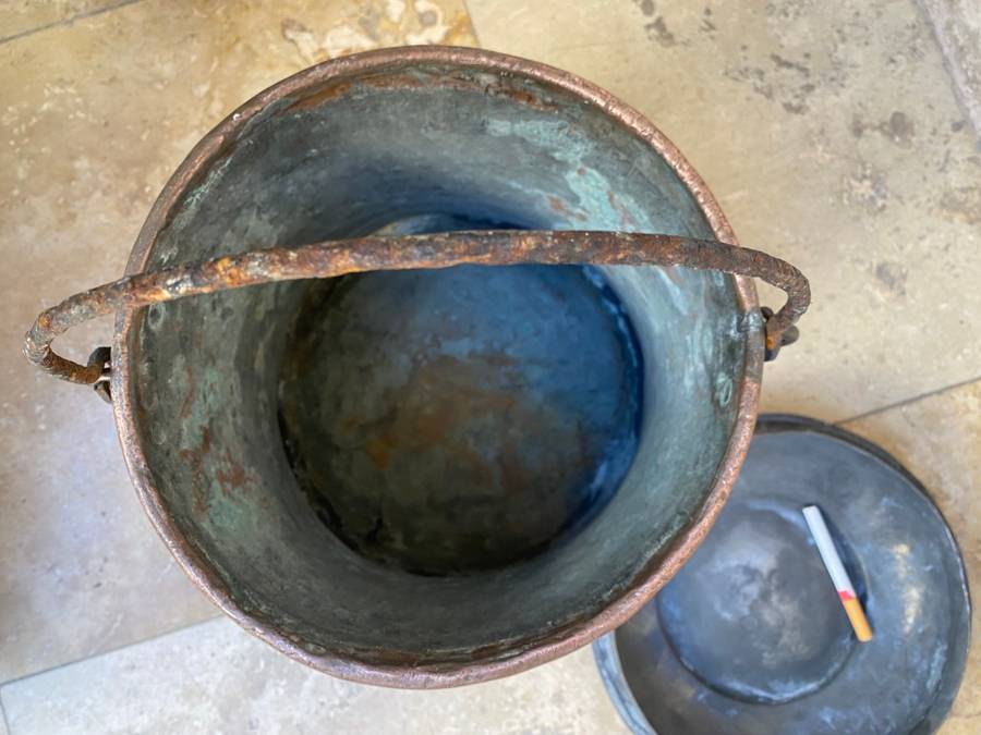 Antique large copper cauldron bail handle wrought iron pot + lid