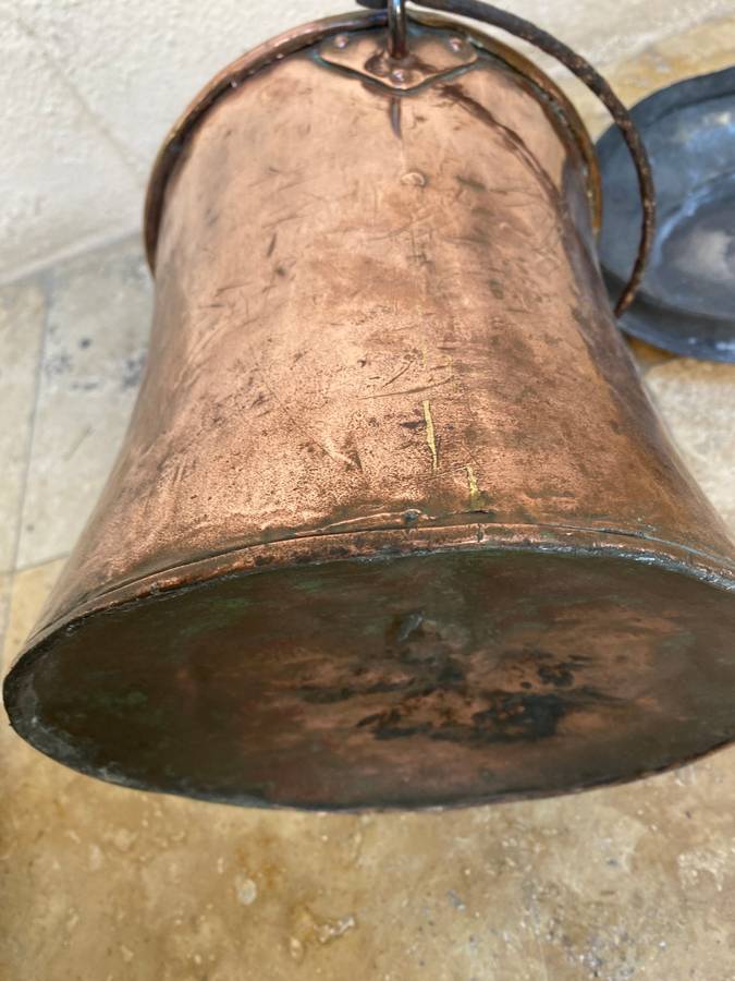 Antique large copper cauldron bail handle wrought iron pot + lid