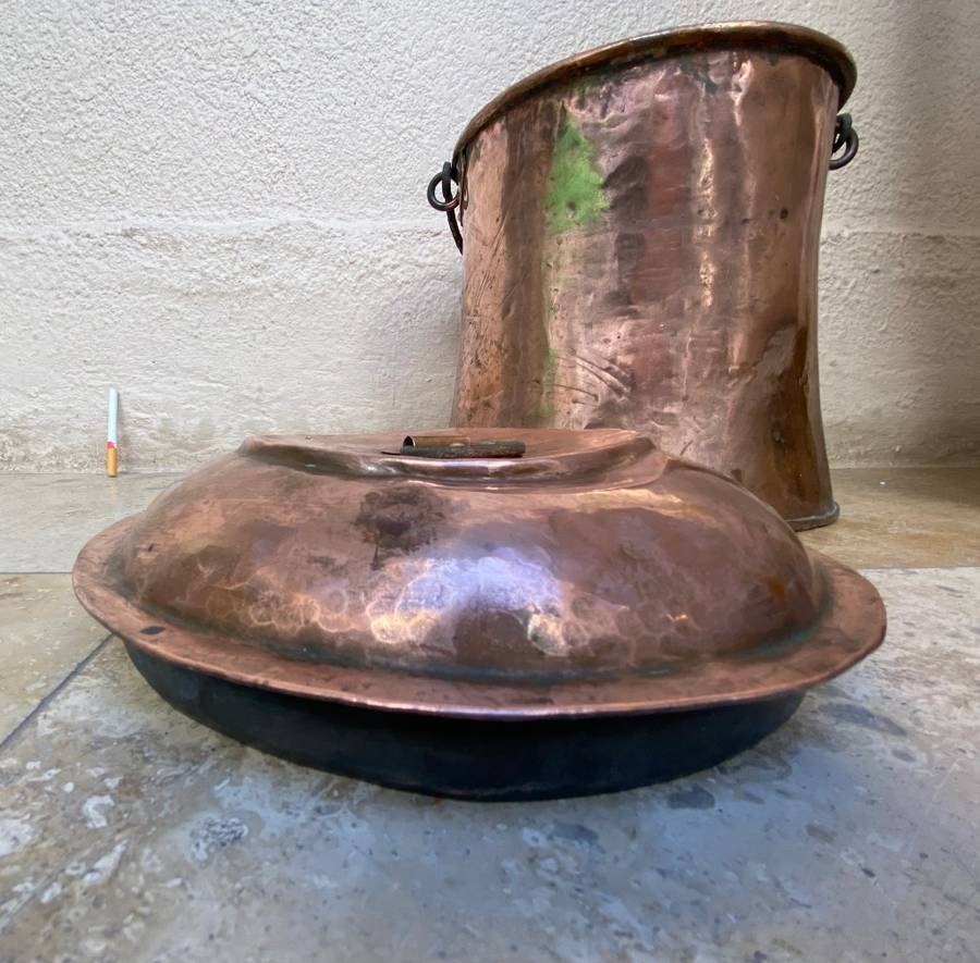 Antique large copper cauldron bail handle wrought iron pot + lid