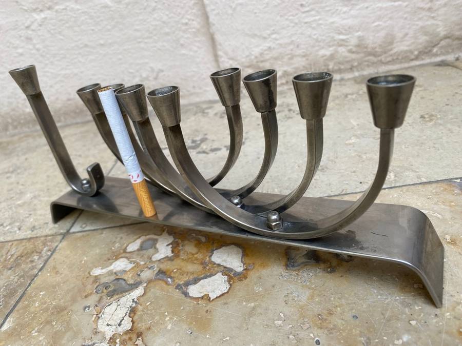 Vintage Chanukah Menorah non magnetic silver plate steel Israel 9 branch