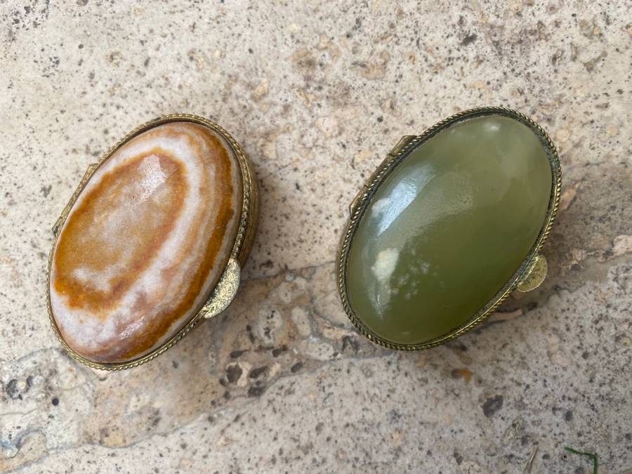 vintage oval stone Gold tone Trinket box lot of three one square