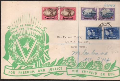 Swaziland, GVIR, Victory set , souvenir cover MBABANE 9 I 46 c.d.s. Registered (m/s) > Cape Town NO