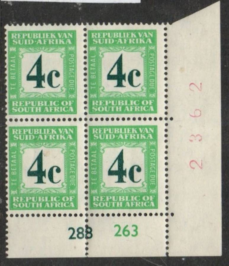 South Africa, 1962, postage due, 4 cents, English on top, control block MNH **