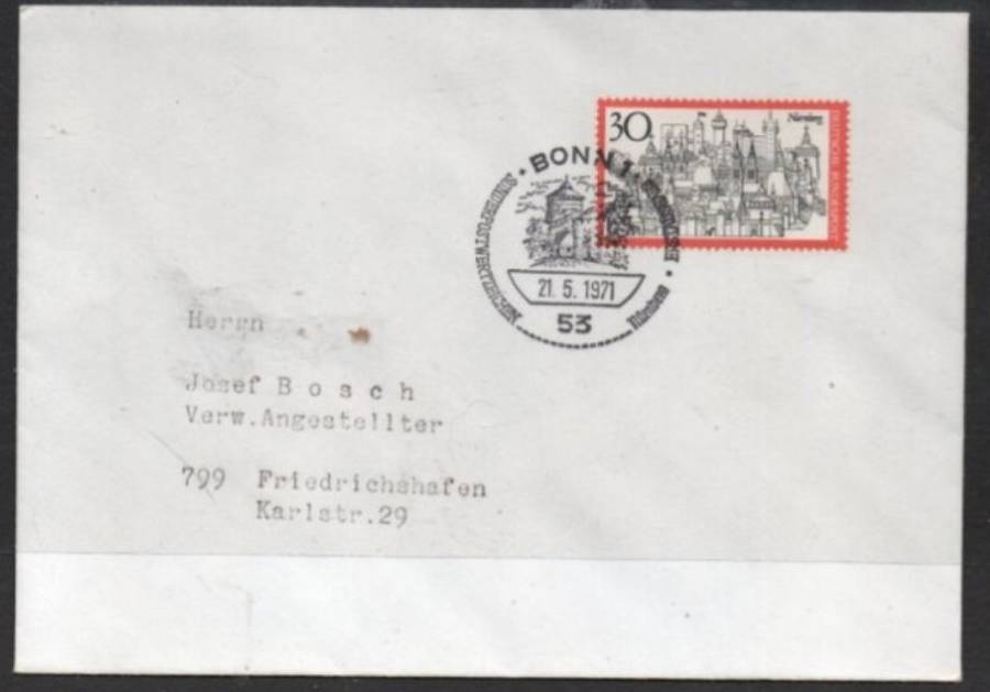 Germany, plain, private First Day Cover Nurnberg, 30 pf, BONN1 21/5/1971 special c.d.s.
