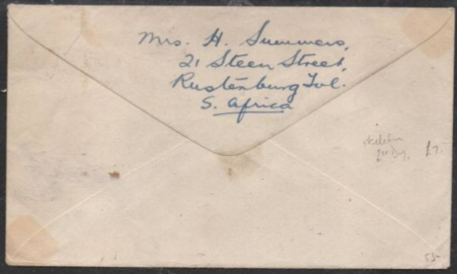 South Africa, plain FDC, Cape adhesives centenary pair, RUSTENBURG 1 IX 1953, skeleton c.d.s. (rare