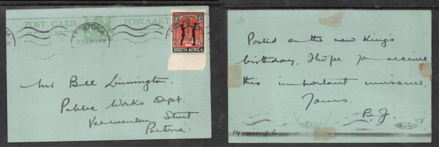 South Africa, 1936 Xmas 1d Charity label, used on postcard for postage, PRETORIA 14 DEC 1936 > Pret