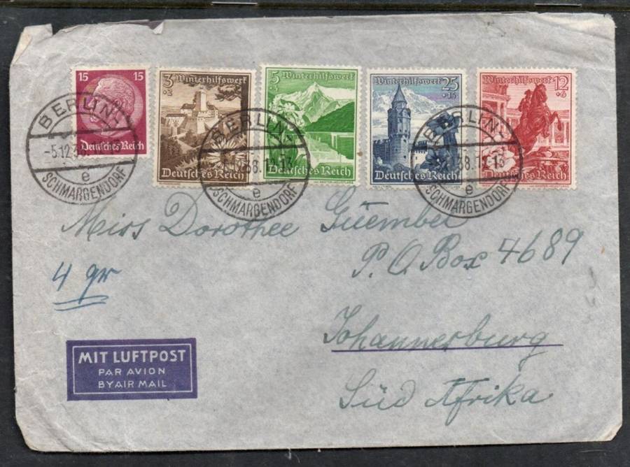 Germany, air 4gr, 65pf, BERLIN SCHMARGENDORF 5.12.38 cds, >S.W. Africa, Winter Relief stamps 3+2, 5