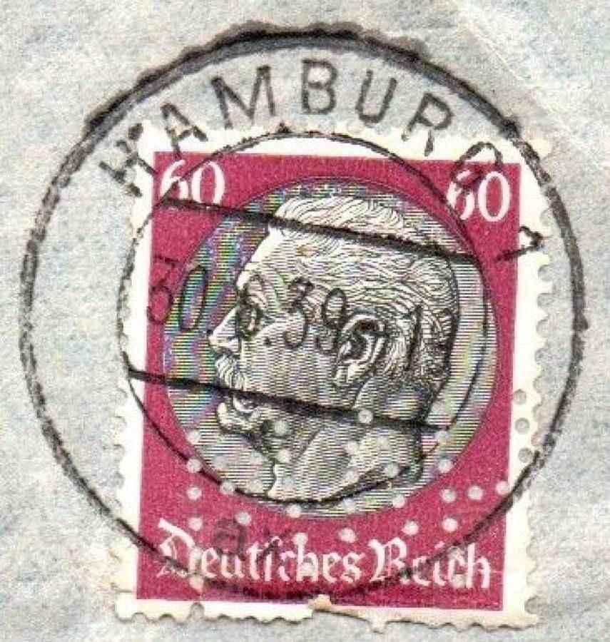 Germany, air 4gr, Hindenberg 60pf, HAMBURG 10.6.39 >S.W. Africa, Perfin HVW: H.von WICHMANN KOM.-GE