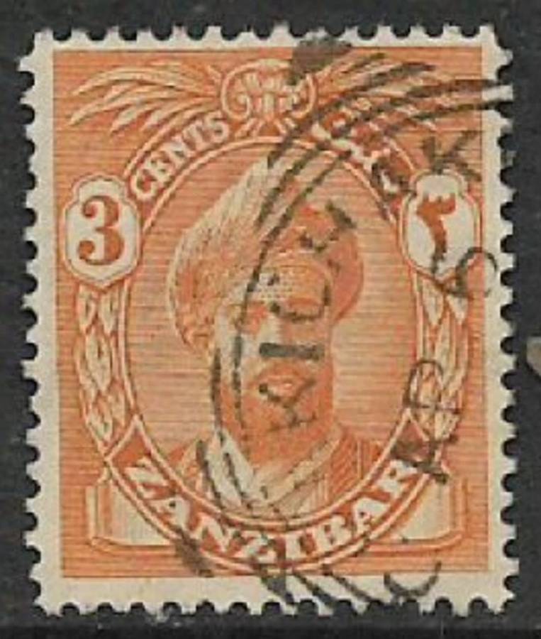 Zanzibar,3 cents,yellow used part squared c.d.s. for CHAKICHAKI AP 6