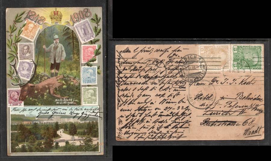 Austria 1848 -1908,Jubilee, used11H, WIEN 4 VI 08>ZURICH redirected > WAADT