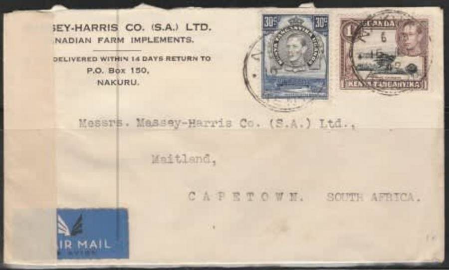 Kenya Uganda Tanganyika, , Air Mail 1s30c , NAIROBI 16 AP 42 > S.Africa, censor label