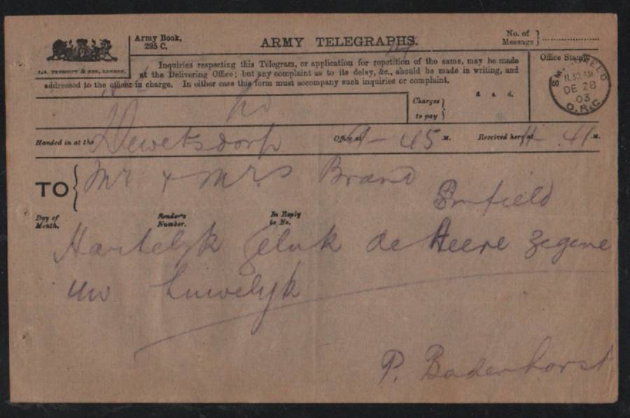 S Africa , 1903 Army Telegraphs > Mr & Mrs Brand, SMITHFIELD O.R.C. DEC 28 03,