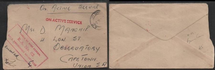 South Africa WWII On Active Service A.P.O c.d.s. PASSED BY BASE CENSOR E.A. 02