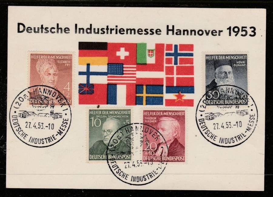 Germany 1952 Humanitarian Relief set on souvenir card, c.d.s. (20a)HANNOVER 1 DEUTSCHE INDUSTRIE-MES