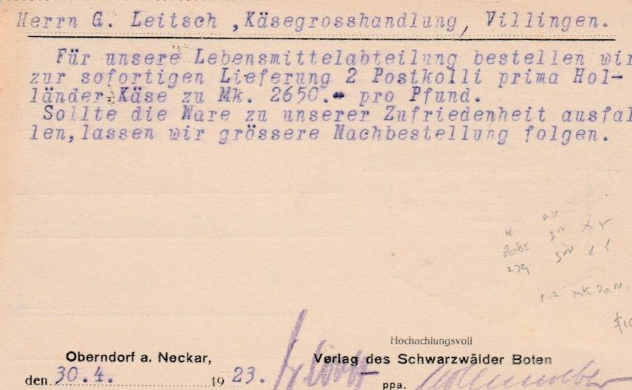 Germany, Schwarzwalder Bote, commercial card, franked 40 marks, OBERNDORF 30 APR 23 > Villingen