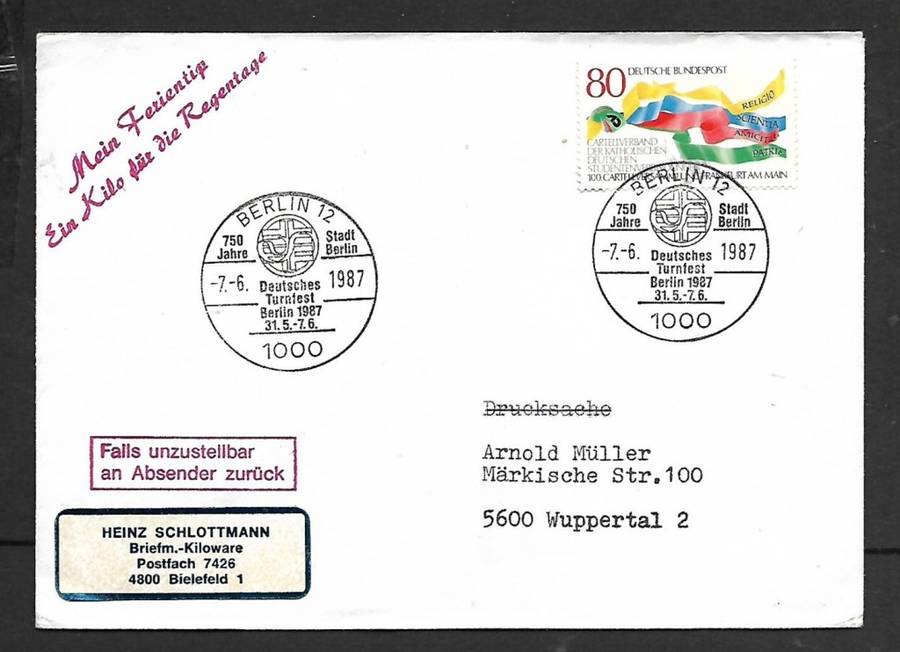 Germany special cancel : 750 JAHR STADT BERLIN DEUTSCHES TURNFEST BERLIN 1987 31.5. - 7.6, BERLIN 12