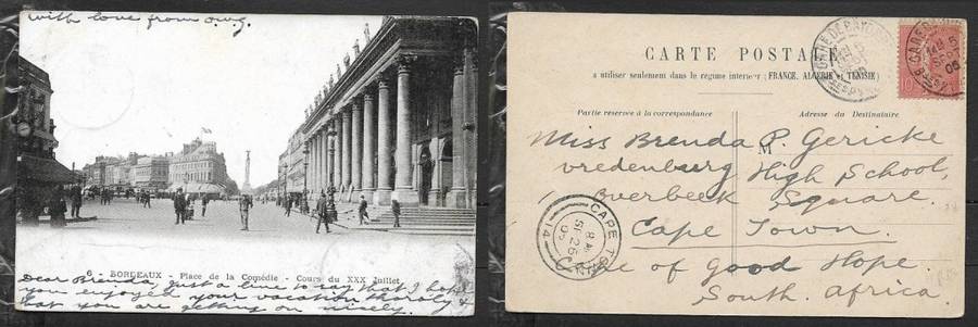 France, Bordeaux Place de la Comedie, used GARE DE BAYONNE 5 SP 05 > CAPE TOWN SE 26 05