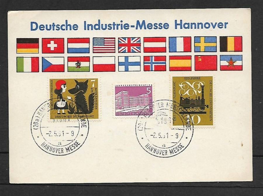 Germany DEUTSCH INDUSTRIE-MESSE HANNOVER card with 3 stamps 2.5.61 special c.d.s.