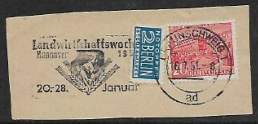 Germany 1951 fragment with postal slogan for Agricultural exhibition, Hannover 1951